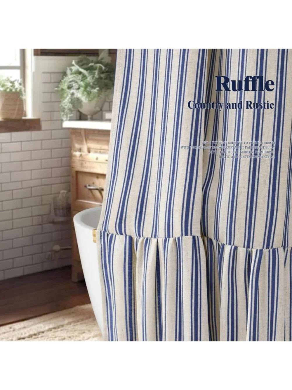 Chic Farmhouse Ruffle Shower Curtain, Cream-Blue Stripe, 72